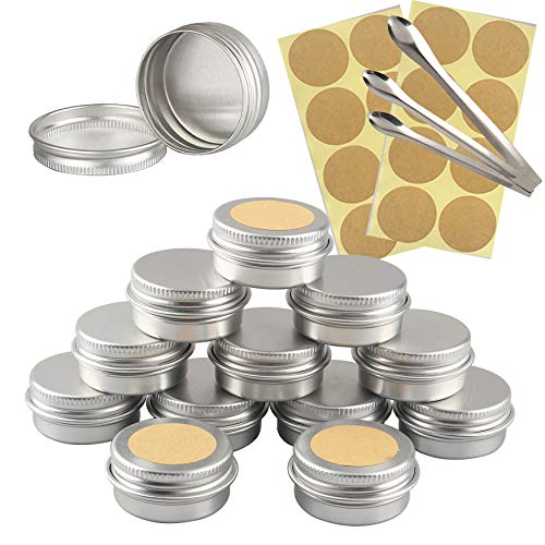 TIANZD 10 Stück Leere 10 ml Rund Silber Aluminium Tins Schraubdose Cremedose Alu-Tiegel Dosen mit Schraub-Deckel 5ml Aludose Blechdosen für Kosmetik Kerze Salben 3x Löffel, 12x Etikette von TIANZD