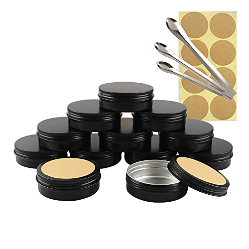 TIANZD 12 Stück Leere 100 ml Rund Matt Schwarz Aluminium Schraubdose Cremedose Alu-Tiegel Dosen mit Schraub-Deckel 15ml Aludose Blechdosen für Kosmetik Kerze Salben mit 3x Löffel 12x Etikette von TIANZD