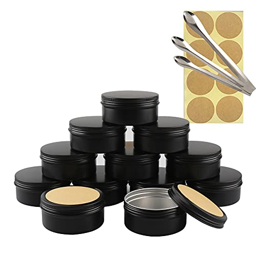 TIANZD 12 Stück Leere 150 ml Rund Matt Schwarz Aluminium Schraubdose Cremedose Alu-Tiegel Dosen mit Schraub-Deckel 15ml Aludose Blechdosen für Kosmetik Kerze Salben mit 3x Löffel 12x Etikette von TIANZD