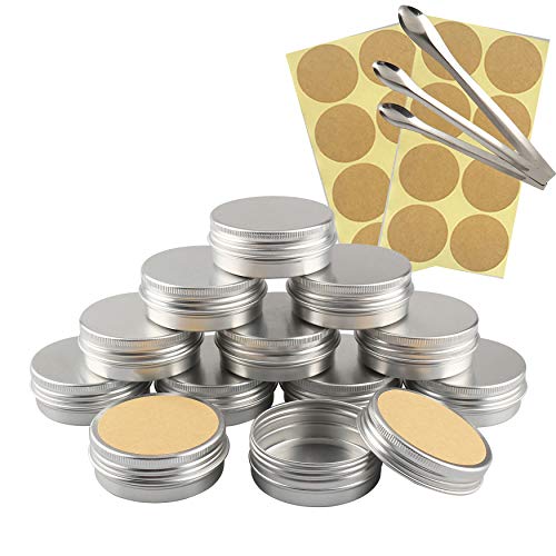 TIANZD 12 Stück Leere 40 ml Rund Silber Aluminium Tins Schraubdose Cremedose Alu-Tiegel Dosen mit Schraub-Deckel 5ml Aludose Blechdosen für Kosmetik Kerze Salben 3x Löffel, 12x Etikette von TIANZD