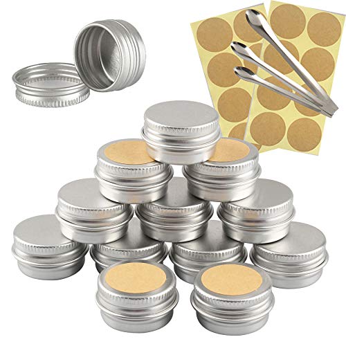 TIANZD 10 Stück Leere 5 ml Rund Silber Aluminium Tins Schraubdose Cremedose Alu-Tiegel Dosen mit Schraub-Deckel 5ml Aludose Blechdosen für Kosmetik Kerze Salben 3x Löffel, 12x Etikette von TIANZD