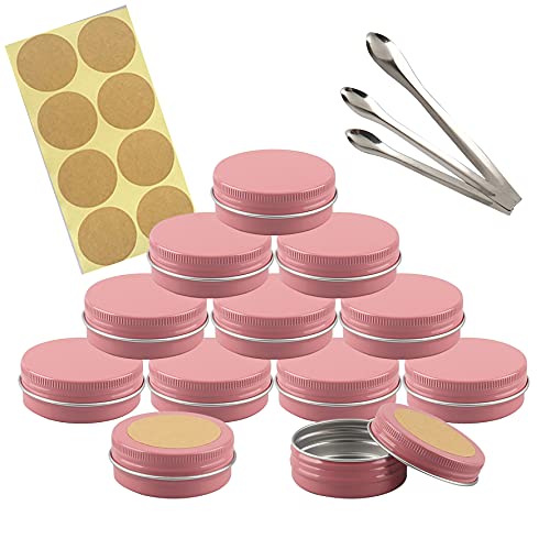 TIANZD 12 Stück Leere 50 ml Rund Rosa Aluminium Schraubdose Cremedose Alu-Tiegel Dosen mit Schraub-Deckel 50ml Aludose Blechdosen für Kosmetik Kerze Salben mit 3x Löffel 12x Etikette von TIANZD