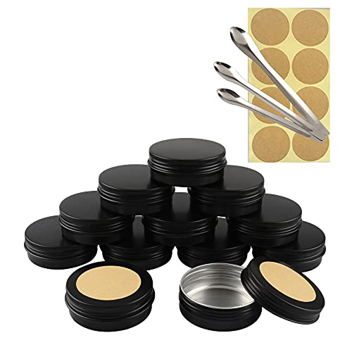 TIANZD 12 Stück Leere 60 ml Rund Matt Schwarz Aluminium Schraubdose Cremedose Alu-Tiegel Dosen mit Schraub-Deckel 15ml Aludose Blechdosen für Kosmetik Kerze Salben mit 3x Löffel 12x Etikette von TIANZD