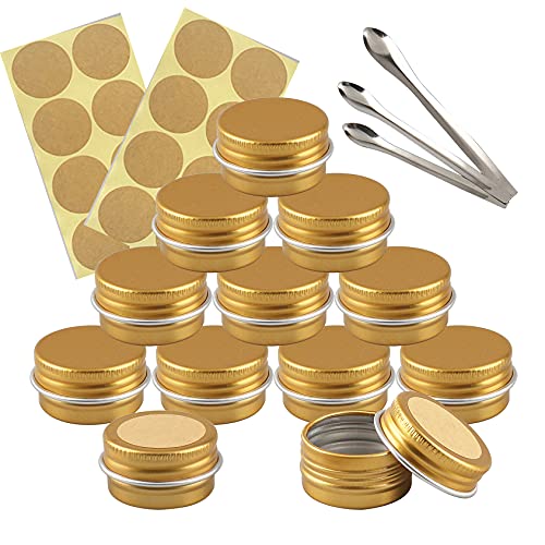 TIANZD 50 Stück Leere 5 ml Rund Gold Aluminium Schraubdose Cremedose Alu-Tiegel Dosen mit Schraub-Deckel 5ml Aludose Blechdosen für Kosmetik Kerze Salben mit 3x Löffel 50x Etikette von TIANZD