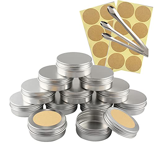 TIANZD 50 Stück Leere 60 ml Rund Silber Aluminium Tins Schraubdose Cremedose Alu-Tiegel Dosen mit Schraub-Deckel 5ml Aludose Blechdosen für Kosmetik Kerze Salben 3x Löffel, 50x Etikette von TIANZD