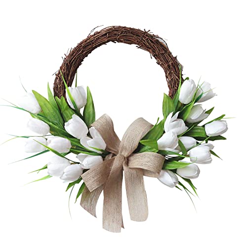 TIAVNTD Künstliche Tulpen-Kranz, aus natürlichem Rattan, mit Tulpe und Leinenschleife, Frühlingskranz für Frühling, Sommer, Winter, Zuhause, Hochzeit, Festival-Dekoration von TIAVNTD