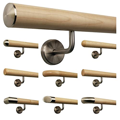 Ahorn Geländer Handlauf Treppe Holz Griff gewinkelt Edelstahlhalter, Länge 30-500 cm aus einem Stück/Variante:180 cm mit 3 Halter leicht gewölbte Edelstahlkappe von TIBU