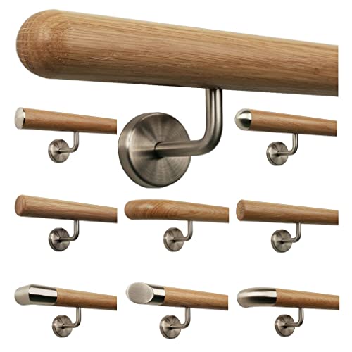 TIBU Eiche Holz Handlauf Geländer 0,3m - 6m, Länge 170 cm, Ende Halbkugel gefräst und 3 gewinkelte Halter von TIBU