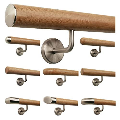 TIBU Eiche Holz Handlauf Geländer 0,3m - 6m, Länge 230 cm, Ende leicht gewölbte Edelstahlkappe und 3 gewinkelte Halter TIBU Eiche Holz Handlauf Geländer 0,3m - 6m, Länge 230 cm, Ende leicht gewölbte Edelstahlkappe und 3 gewinkelte Halter von TIBU