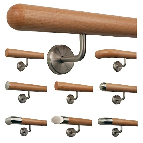 TIBU Buche Geländer Handlauf Treppe Holz Griff gew. Edelstahlhalter, Länge 30 - 500 cm aus einem Stück / Variante:380 cm mit 5 Halter Halbkugel gefräst von TIBU