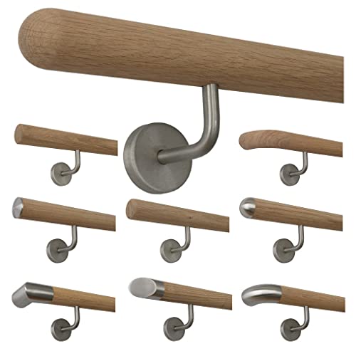TIBU Holz Handlauf Eiche unbehandelt Geländer Wandhandlauf Treppe Wand 30-500cm mit gewinkelten Edelstahl Halter, Länge: 2300 mm mit 3 Halter - Enden:Halbkugel gefräst von TIBU
