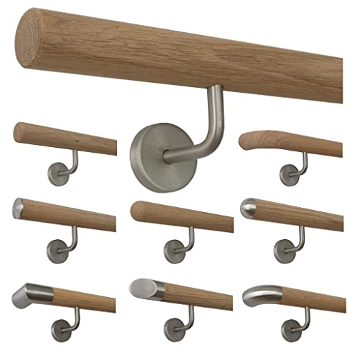 TIBU Holz Handlauf Eiche unbehandelt Geländer Wandhandlauf Treppe Wand 30-500cm mit gewinkelten Edelstahl Halter, Länge: 400 mm mit 2 Halter - Enden: gefast von TIBU