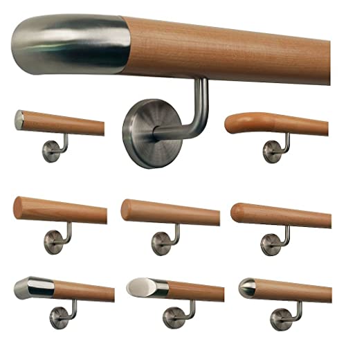 TIBU Buche Geländer Handlauf Treppe Holz Griff gew. Edelstahlhalter, Länge 30 - 500 cm aus einem Stück / Variante:160 cm mit 3 Halter Edelstahlbogen von TIBU