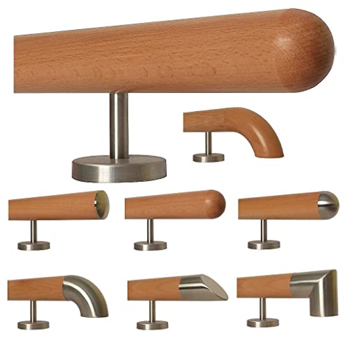 TIBU Buche Holz Handlauf 0,3-5m Treppe Wandhandlauf Geländer, Länge 140 cm mit 3 gerade Halter und Enden Halbkugel gefräst von TIBU