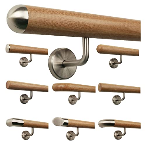 TIBU Eiche Holz Handlauf Geländer 0,3m - 6m, Länge 420 cm, Ende Halbrunde Edelstahlkappe und 5 gewinkelte Halter TIBU Eiche Holz Handlauf Geländer 0,3m - 6m, Länge 420 cm, Ende Halbrunde Edelstahlkappe und 5 gewinkelte Halter von TIBU