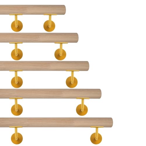 TIBU Eiche Holz Handlauf keilgezinkt unbehandelt Geländer 0,3m - 6m, Länge 40 cm und 2 Edelstahl Halter Messing Gold von TIBU