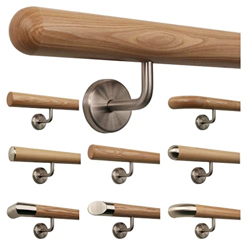 TIBU Esche Holz Handlauf Geländer 0,3m - 6m, Länge 60 cm, Ende Halbkugel gefräst und 2 gewinkelte Halter von TIBU