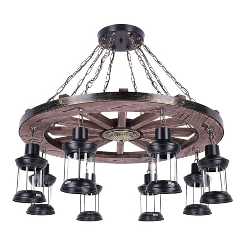 TIBU Hängeleuchte aus Holz Vintage Lampe Wagenrad Wohnzimmer E27 höhenverstellbar 8 flammig von TIBU