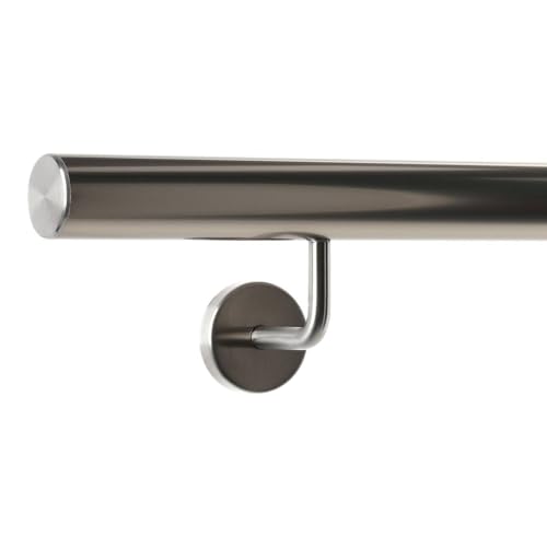TIBU Handlauf Aluminium Edelstahl Optik 30-600cm Wandhandlauf Treppe gewinkelte Edelstahlhalter, Länge 270 cm mit 3 Halter und gerade Kappe von TIBU