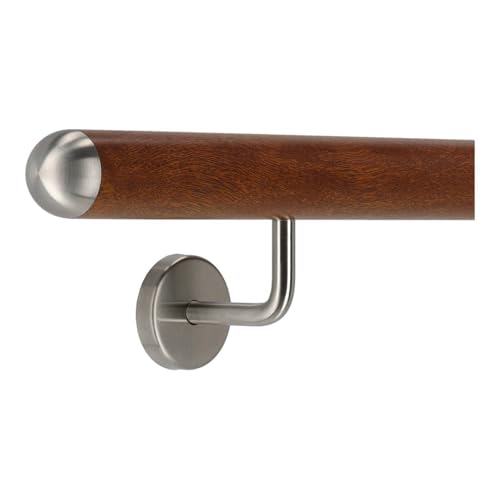 TIBU Handlauf Aluminium Mahagoni Holz Dekor 30-600cm Wandhandlauf Treppe gewinkelte Edelstahlhalter, Länge 210 cm mit 3 Halter und halbrunde Kappe von TIBU