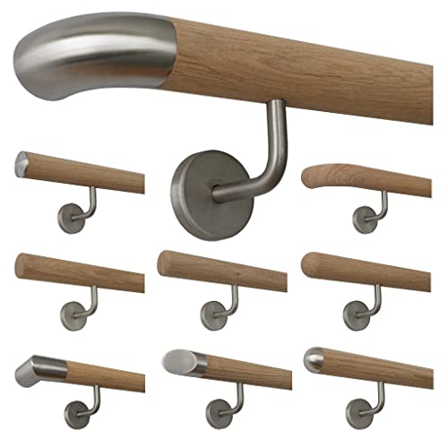 TIBU Holz Handlauf Eiche unbehandelt Geländer Wandhandlauf Treppe Wand 30-500cm mit gewinkelten Edelstahl Halter, Länge: 500 mm mit 2 Halter - Enden: Edelstahlbogen von TIBU