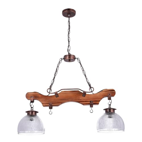 TIBU Holz Lampe Vintage Holz Hängelampe Esstisch Wohnzimmer E27 höhenverstellbar Bügel 2 flammig von TIBU