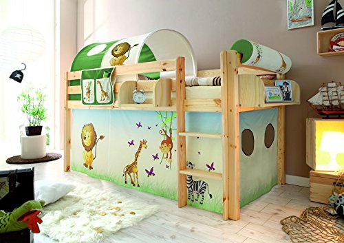 Hochbett Spielbett Malte Kiefer massiv Natur, Vorhangstoff:Safari von TiCAA