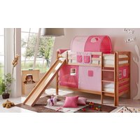 Ticaa Etagenbett mit Rutsche "Lupo" Buche massiv Natur "rosa-pink 3-teilig" von TICAA