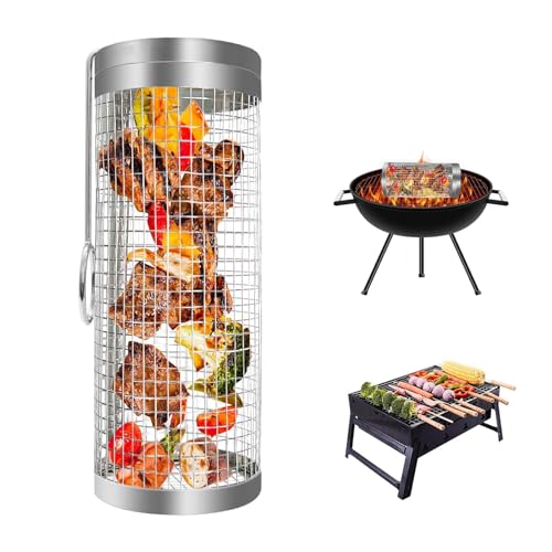 TICFOX Rolling Grillkorb,30CM Rotisserie Grill Korb,Zylindrischer Grillkorb Edelstahl Rollender Grillkorb Für Außengrill Gemüse, Fisch, Fleisch, Grillen, Camping-Essentials von TICFOX