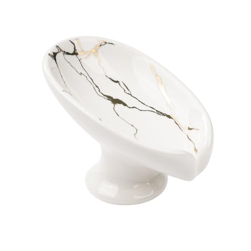 TICFOX Blattförmige Keramikseifenschale, Schnell Trocknend Selbstentleerender Seifenhalter für Bad Dusche Küche(Weiß) von TICFOX