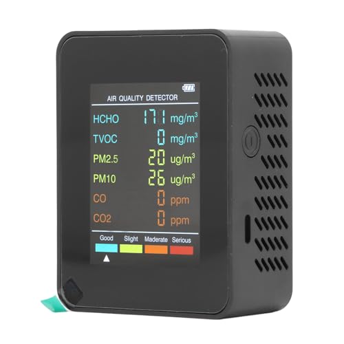 Ticfox Luftqualitätsmonitor Innenräume, Luftqualitätsmonitor Tragbarer LCD -Hintergrundbeleuchtungsbildschirm CO2 TVOC HCHO PM2.5 PM10 -Detektor mit Alarm für Zuhause, Büro (Schwarz) von TICFOX