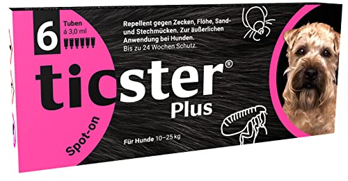 TICSTER Plus Spot-on für Hunde von 10 - 25 kg, Floh und Zeckenmittel (Lösung zum Auftropfen, auch gegen Sand- & Stechmücken, Zeckenschutz bis zu 4 Wochen, Insektenschutz für Hunde, Inhalt: 6x 3,0ml) von TICSTER