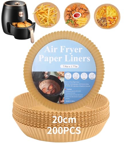 TIDEVAN 200 Stück Backpapier für Heißluftfritteuse, 20cm Airfryer Backpapier Heißluftfritteuse Backpapier Antihaft Wasserdicht Ölfest Luftfritteuse Pergamentpapier für Bratpfanne Ofen Mikrowelle von TIDEVAN