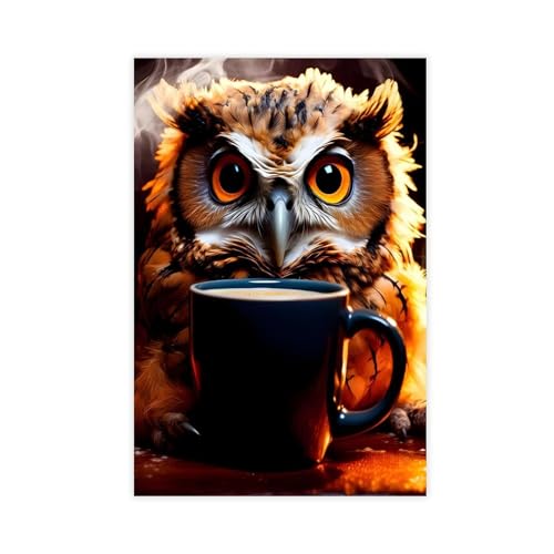 TIDINKFG Lustige Eule trinken Kaffee, interessante Tierkunst, Leinwand-Poster, Schlafzimmer-Dekor, Sportlandschaft, Büro, Raumdekoration, Geschenk, ungerahmt, 30 x 45 cm von TIDINKFG