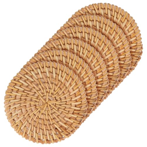 TIDTALEO 6 Stücke Rattan Tischset Handgewebt Wärmedämmende Tassenunterlage Runde Natürliche Untersetzer für Küche und Esstisch Vintage Gewebte Platzsets von TIDTALEO