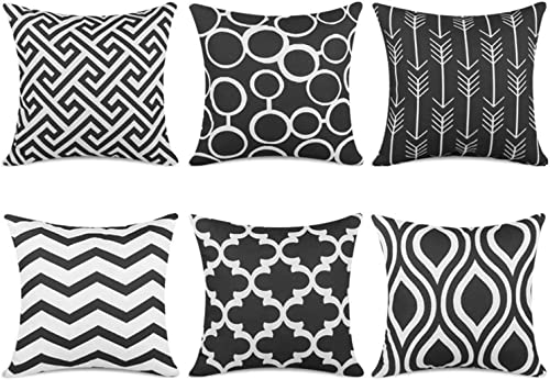 TIDWIACE Schwarz Kissenbezug 40 x 40 cm 6er Set Outdoor Kissen,Dekokissen Leinen Kissenbezüge Geometrische Muster Kissenhüllen für den Außenbereich Terrasse Garten Bank Wohnzimmer Sofa Dekor von TIDWIACE