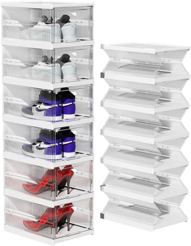 TIDYAVE Schuhboxen aus transparentem Kunststoff, stapelbar, einfache Installation, All-in-One-Schuhbox mit Türen, 6 Ebenen, faltbar, platzsparend, für Schrank, Eingangsbereich, Behälter von TIDYAVE