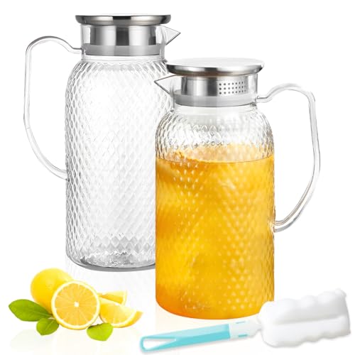 2L Acryl Krug, TIE-DailyNec 2 Pack Kunststoff Wasserkrug mit Deckel und Griff, BPA-Free Transparent Saft Krug für Limonade, Milch, Kaffee, Tee, Inklusive 1 langen Griff Pinsel von TIE-DailyNec