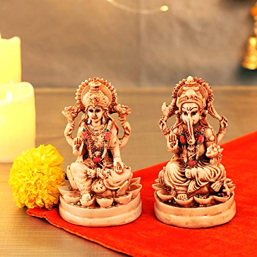 TIED RIBBONS 4.5 Inch Lakshmi Ganesha Statue for Diwali Puja Decorations at Home | Laxmi Ganesh Murti | Handmade Printed Clay Lord Ganesha & Lakshmi Idol | Diwali Decorations for House von TIED RIBBONS