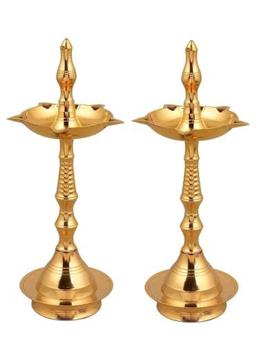 TIED RIBBONS Brass Diya for Pooja | Kerala Diyas | Gold, 5" | Set of 2 | Kuthu Vilakku Stand | Samai Diya | Deepawali Diwali Decorations for Home, Mandir, Temple, Festival | Indian von TIED RIBBONS