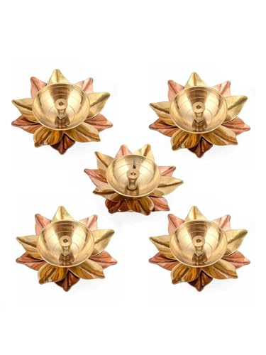 TIED RIBBONS Set of 5 Lotus Shape Brass Diyas for Pooja & Diwali Decorations for Home | Decorative Flower Metal Akhand Diya Oil Lamp | Return Gifts for Housewarming Indian von TIED RIBBONS