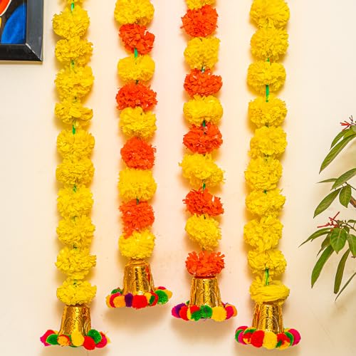 Tied Ribbons 2 Feet Door Toran Bandhanwar (Set of 4) Artificial Marigold Flowers Garland with Golden Bells for Home Decoration | Yellow, Orange | Garland for Door Wall Hanging Decor von TIED RIBBONS