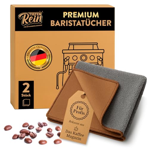 Barista Tuch Set - 2 Stück Braun & Grau - Premium Barista Tücher Set für Reinigung der Siebträgermaschine - 30x30 cm Barista Lappen extra saugstark - Kaffeemaschine Reinigungstuch - Mikrofasertücher von TIEFENREIN