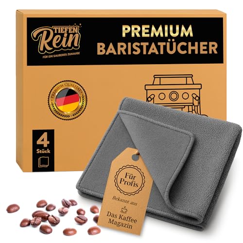 Barista Tuch Set - 4 Stück Grau - Premium Barista Tücher Set für Reinigung der Siebträgermaschine - 30x30 cm Barista Lappen extra saugstark - Kaffeemaschine Reinigungstuch - Mikrofasertücher von TIEFENREIN