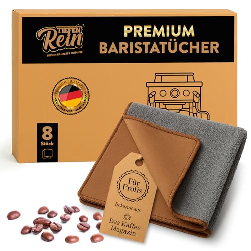 Barista Tuch Set - 8 Stück Braun & Grau - Premium Barista Tücher Set für Reinigung der Siebträgermaschine - 30x30 cm Barista Lappen extra saugstark - Kaffeemaschine Reinigungstuch - Mikrofasertücher von TIEFENREIN