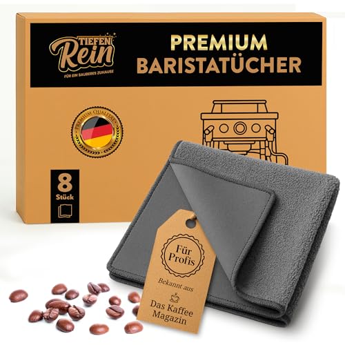 Barista Tuch Set - 8 Stück Grau - Premium Barista Tücher Set für Reinigung der Siebträgermaschine - 30x30 cm Barista Lappen extra saugstark - Kaffeemaschine Reinigungstuch - Mikrofasertücher von TIEFENREIN