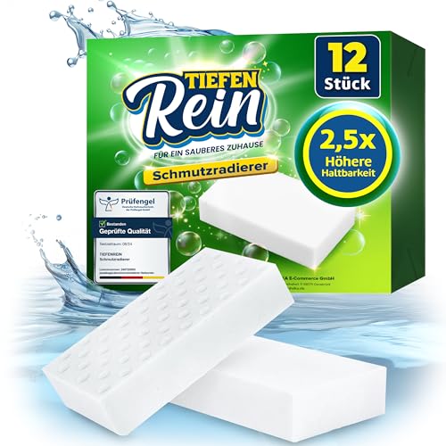 Schmutzradierer PRO 12 Stück - Neu: Radierschwamm mit 2,5X höherer Haltbarkeit | extra langlebiger Zauberschwamm | Magic Eraser Schwamm entfernt Schmutz an Wand, auf Schuhen, in der Küche und Bad von TIEFENREIN