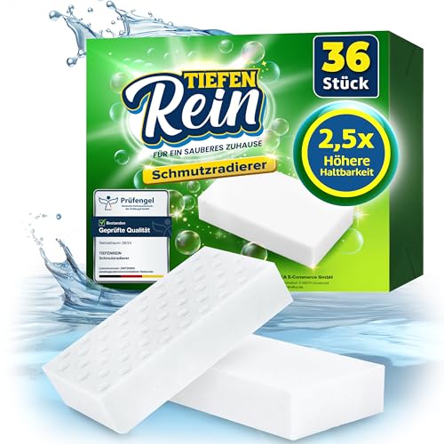 2,5X längere Lebensdauer | Schmutzradierer PRO 36 Stück - Neu: Radierschwamm | extra langlebiger Zauberschwamm | Magic Eraser Schwamm entfernt Schmutz an Wand, auf Schuhen, in der Küche und Bad von TIEFENREIN