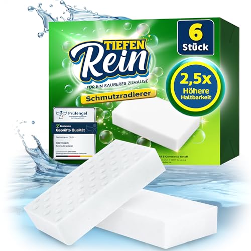 Schmutzradierer PRO 6 Stück - Neu: Radierschwamm mit 2,5X höherer Haltbarkeit | extra langlebiger Zauberschwamm | Magic Eraser Schwamm entfernt Schmutz an Wand, auf Schuhen, in der Küche und Bad von TIEFENREIN