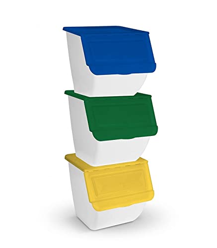 TIENDA EURASIA® Mülleimer für Recycling, 3 Stück, stapelbar, 36 l (Papier - Glas - Kunststoff) (Weiß) von TIENDA EURASIA
